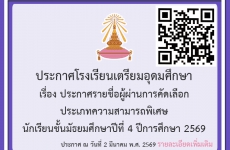 เรื่อง ประกาศรายชื่อผู้ผ่านการคัดเลือก ประเภทความสามารถพิเศษ นักเรียนชั้นมัธยมศึกษาปีที่ 4 ปีการศึกษา 2569