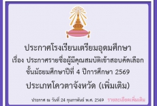 เรื่อง รายชื่อผู้มีคุณสมบัติเข้าสอบคัดเลือก ม.4 ปี 2569 ประเภทโควตาจังหวัด (เพิ่มเติม) ครั้งที่ 1
